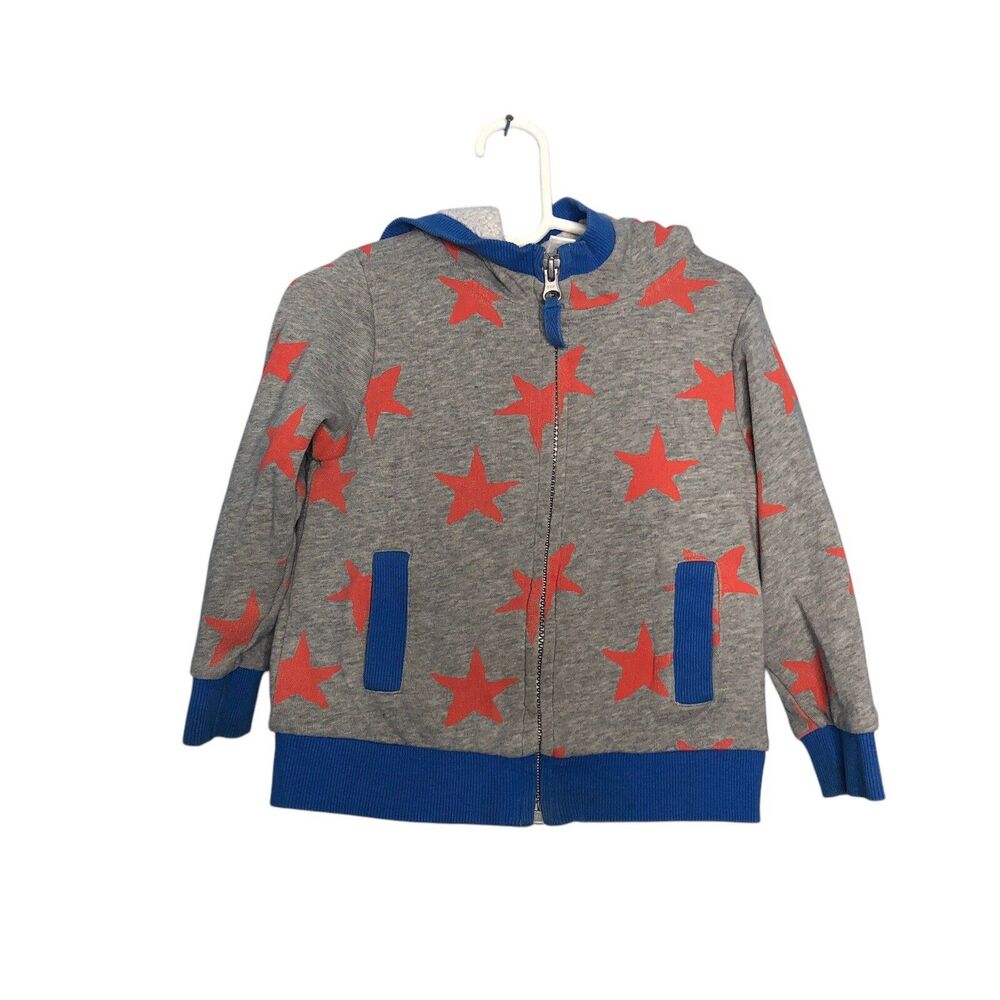 Hanna Andersson Jacket Boys 3T Grey Blue Starr Print Hooded Zip Pockets